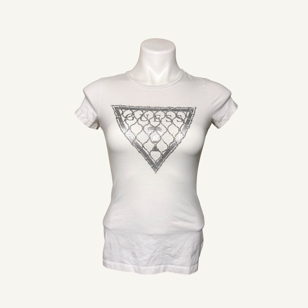 Y2K Guess White Rhinestone Silver Foil Triangle Logo Graphic Tee T-Shirt #15